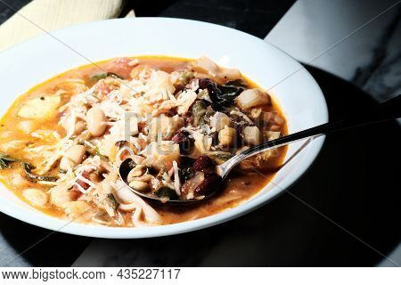 Classic Italian Minestrone Soup With Vegetables Beans And Pancetta