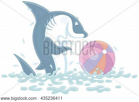 Funny Playful Shark Wallowing In Waves Of A Tropical Sea And Playing A Big Colorful Ball, Vector Car