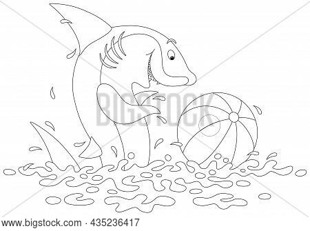 Funny Playful Shark Wallowing In Waves Of A Tropical Sea And Playing A Big Striped Ball, Black And W