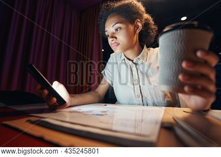 Female Person Having Break And Drinking Coffee