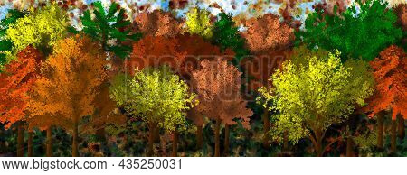 Colorful Autumn Forest With Colorful Trees. Imitation Of A Watercolor Painting. Bright Abstract Natu