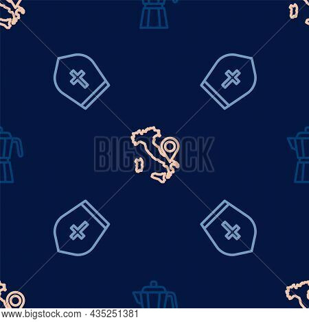 Set Line Coffee Maker Moca Pot, Pope Hat And Map Italy On Seamless Pattern. Vector