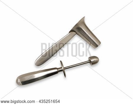 Closeup Image Of Surgical Instruments Proctoscope In White Background. Using For Examine The Insides