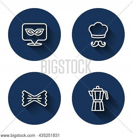 Set Line Carnival Mask, Italian Cook, Macaroni And Coffee Maker Moca Pot With Long Shadow. Blue Circ