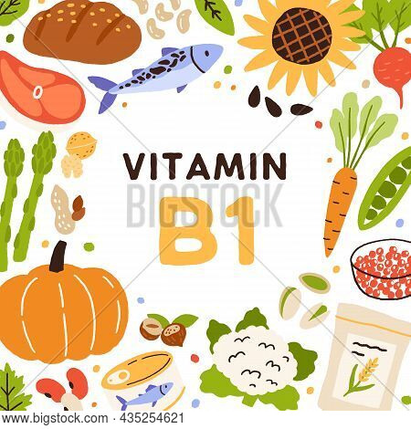 Vitamin B1, Frame With Vitamine Food. Circle Of Healthy Organic Vegetables, Fruits, Fish, Nuts And C
