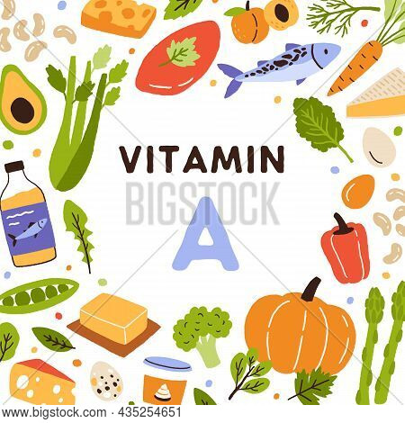 Food Frame Of Nutrition Enriched With Vitamin A. Card With Circle Of Healthy Balanced Natural Produc