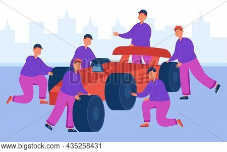 Racing Car On Pit Stop With Service Team Of People. Male Engineers And Technical Workers In Uniform 