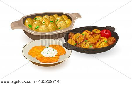 National Ukrainian Dishes Made Of Potatoes. Vector Pan Wok, New Potato With Greenery, Hash Browns. E