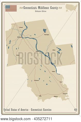 Map On An Old Playing Card Of Middlesex County In Connecticut, Usa.