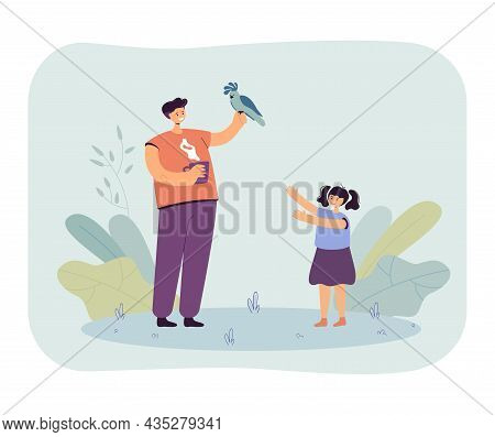 Father Holding Parrot In Hand While Drinking Tea Or Coffee. Daughter Asking For Playing With Bird Fl