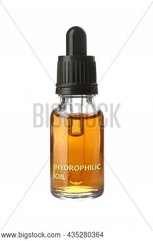 Bottle Of Hydrophilic Oil Isolated On White. Makeup Remover