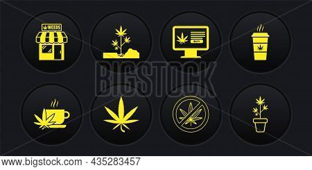 Set Cup Tea With Marijuana, Coffee, Marijuana Or Cannabis Leaf, Stop, Online Buying, Planting, Plant