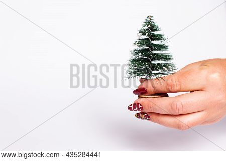 Female Hand Holding Little Artifishial Christmas Tree On A White Background With Copy Space.