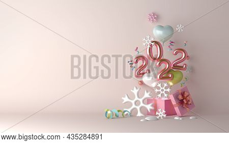 Happy New Year 2022 Decoration Background With Heart Sahpe Balloon, Gift Box, Snowflakes, 3d Renderi