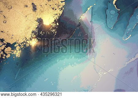 Gold, Blue And Celadon Abstract Marble Background With Sparkles