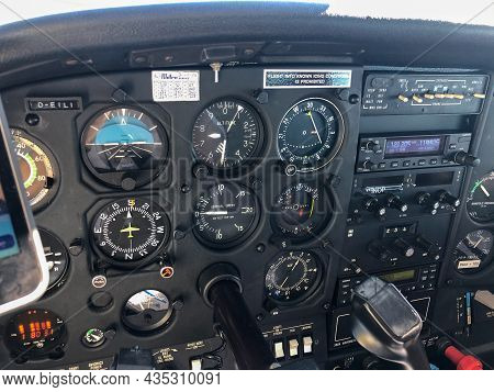 Hohenems, Austria, July 7, 2020 Cessna 182 Analog Instruments In The Cockpit