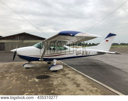 Hohenems, Austria, June 15, 2020 Cessna 182 Is Parking On Its Position On A Cloudy Day