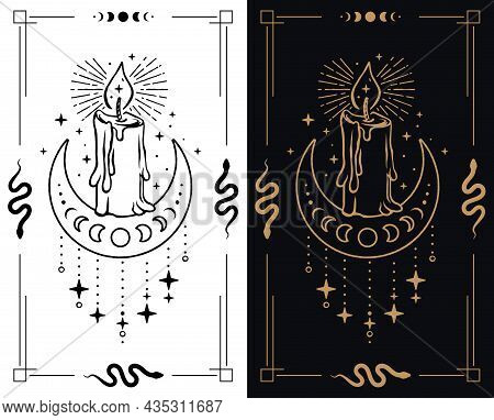 Illustration Of Mystic Flaming Candle With Melting Wax On Half Moon