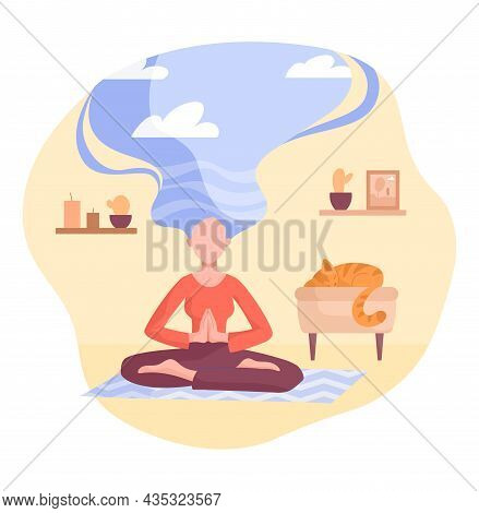 Positive Thinking And Meditation Concept. Woman Sits In Lotus Position And Restores Mental And Psych