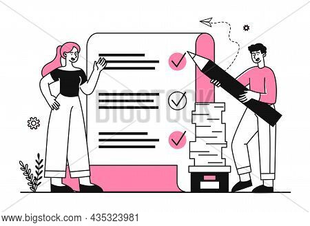 Team Fill Out Checklist. Man And Woman Tick Off Their To Do List. Employees Manage Their Time Compet