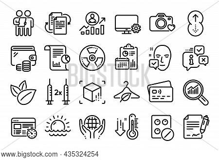 Vector Set Of Photo Camera, Bureaucracy And Coronavirus Vaccine Line Icons Set. Calendar Report, Mon