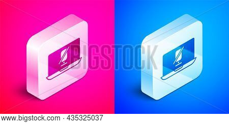 Isometric Mute Microphone On Laptop Icon Isolated On Pink And Blue Background. Microphone Audio Mute