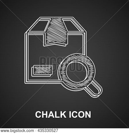 Chalk Search Package Icon Isolated On Black Background. Parcel Tracking Symbol. Magnifying Glass And