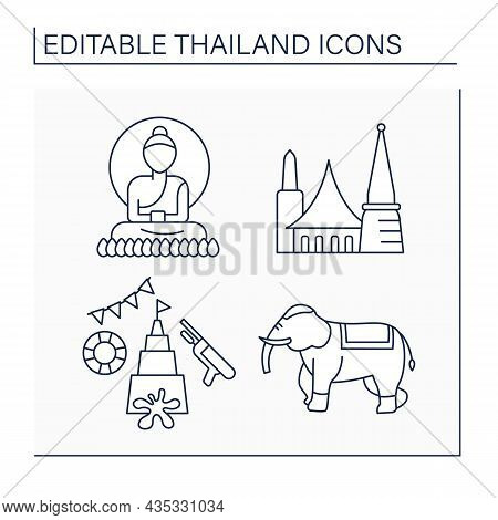 Thailand Line Icons Set. Buddha Statue, Bangkok, Songkran, Elephant. Traditional Culture Things. Cou