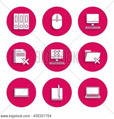Set Computer With Keyboard And X Mark, File Document, Laptop, Delete Folder, File, Monitor And Offic