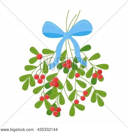 Red Mistletoe Twig With Bow Isolated. Vector Illustration.