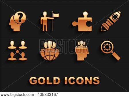 Set Globe And People, Rocket Ship With Fire, Magnifying Glass Gear, Project Team Base, Piece Of Puzz