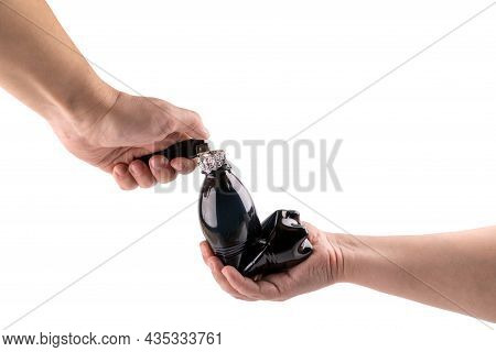 Two Caucasian Hand Burns Marijuana In Bong From A Plastic Bottle And Foil Isolated On White Backgrou