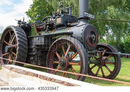 Honiton.Devon.United Kingdom.July 2nd 2021.A restored Burrel traction engine is on display at the De