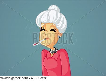 Sick Senior Having High Fever Vector Illustration