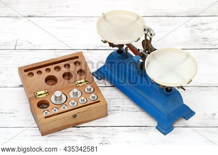 Retro Roberval Balance, Scale On The White Wooden Table