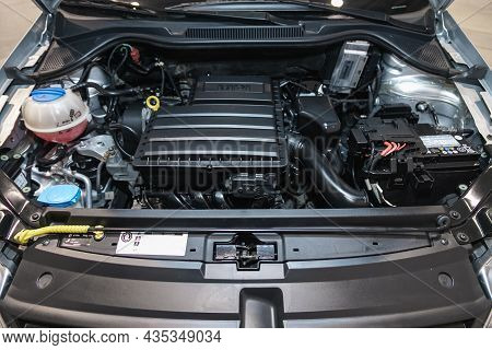 Novosibirsk, Russia - September 12, 2021: Volkswagen Polo, Close Up Detail Of  Car Engine, Front Vie