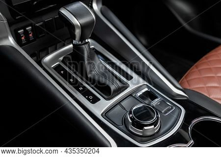 Close-up View Of The Automatic Gearbox Lever. Interior Car,  Automatic Transmission Gearshift Stick