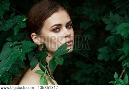 Portrait Of A Woman Skin Care Bare Shoulders Green Leaves Nature Lifestyle