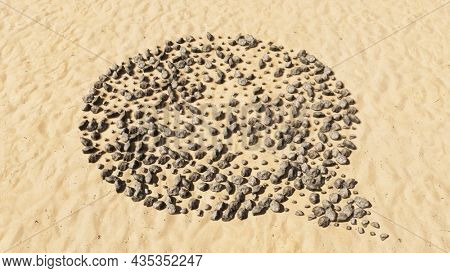 Concept conceptual stones on beach sand handmade symbol shape, golden sandy background, cloud sign. 3d illustration metaphor for communication, online talking, chatting, internet discussion