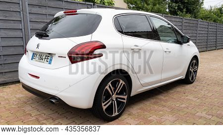 Bordeaux , Aquitaine  France - 09 20 2021 : Peugeot 208 White French Car Gt-line Side Rear Street Vi