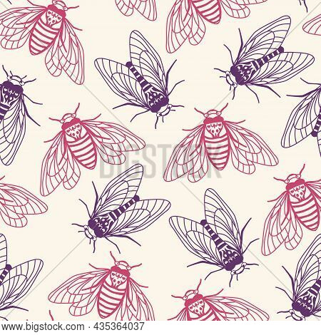 Seamless Pattern With Flying Cicadas. Background With Insects - Fly, Butterfly, Beetle In Pink Lilac