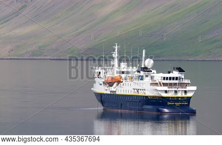 Dynjandi, Iceland On August 6, 2021: National Geographic Explorer Floating In The Fjord Near Dynjand
