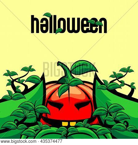 Halloween Background Illustration Vector With Pumpkin Monster And Leaves
