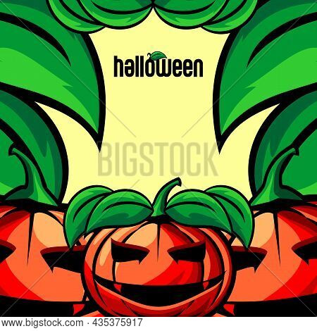 Halloween Background Illustration Vector With Pumpkin Monster And Leaves