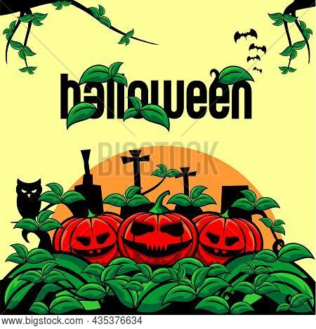 Halloween Background Illustration Vector With Pumpkin Monster And Leaves