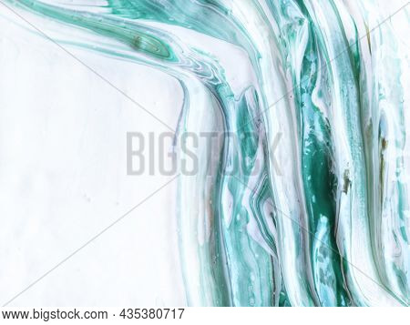 Liquid Acrylic, Oil Paint On Canvas. Mix Of White, Green, Beige. Fluid Paintings. Stone Agate Jadeit