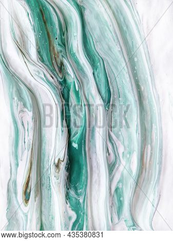 Liquid Acrylic, Oil Paint On Canvas. Mix Of White, Green, Beige. Fluid Paintings. Stone Agate Jadeit