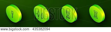 Set Isometric Line Paint Brush, Stone Age Arrow Head, Medieval Goblet And Ancient Column Icon. Vecto