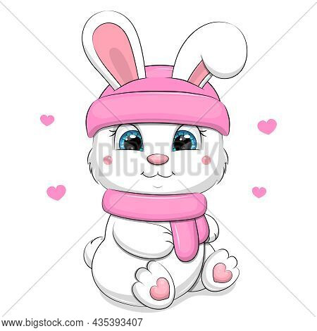 Cute Cartoon White Rabbit Wearing A Pink Hat And Scarf. Vector Illustration Of An Animal On A White 