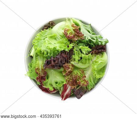 Bowl With Leaves Of Different Lettuce On White Background, Top View